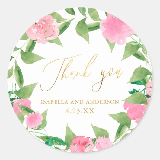  roze bloemige faux gouden bruiloft dank u ronde sticker (Voorkant)