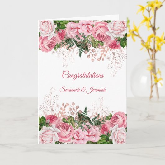 Roze Bloemige Felicitaties Bruiloft Kaart (Gele Bloem)