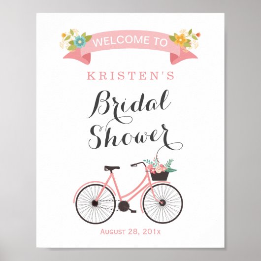 Roze Bloemige Fiets Bruiloftsshower Bord Poster (Voorkant)