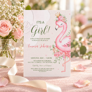 Roze Bloemige Flamingo Baby Shower Kaart