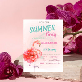 Roze Bloemige Flamingo's Zomer Verjaardagsfeestje Kaart