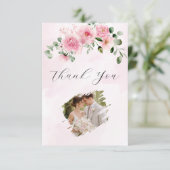 Roze Bloemige Foto Bruiloft Bedankkaart (Staand voorkant)