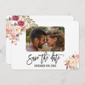 Roze Bloemige Foto Handgeschreven Bewaar De Datum Save The Date (Voorkant / Achterkant)