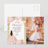 Roze Bloemige Foto Quinceañera Bedankt Briefkaart (Voorkant / Achterkant)