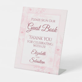 Roze Bloemige 'Gelieve Ons Gastenboek Te Onderteke Reclamebord Met Voetstuk