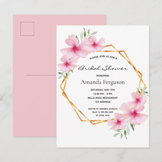 Roze bloemige geometrische bruiddoucheuitnodiging briefkaart (Voorkant / Achterkant)