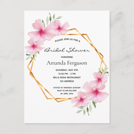 Roze bloemige geometrische bruiddoucheuitnodiging briefkaart (Voorkant)