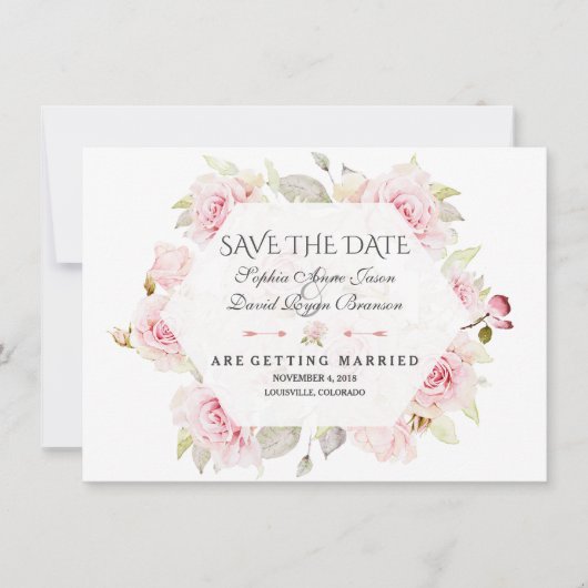  roze bloemige geometrische bruiloft Save the Date (Voorkant)