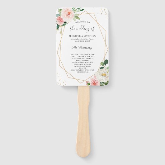 Roze Bloemige Geometrische Lijst Bruiloftsprogramm Handwaaier (Voorkant)