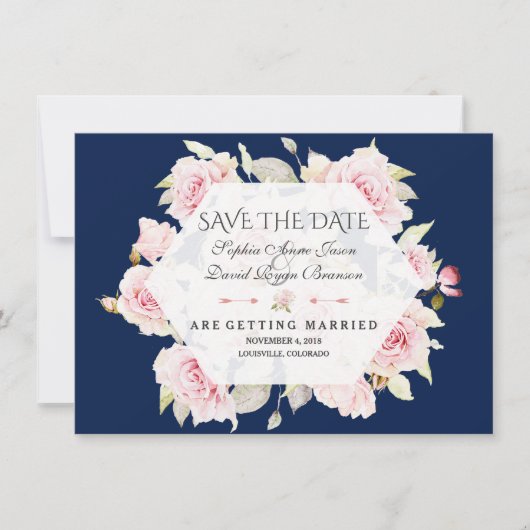 Roze Bloemige Geometrische Navyblauwe Save The Dat Date (Voorkant)
