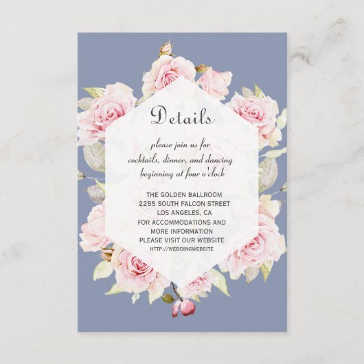 Roze Bloemige Geometrische Stofblauwe Trouwdetails Informatiekaartje (Voorkant)