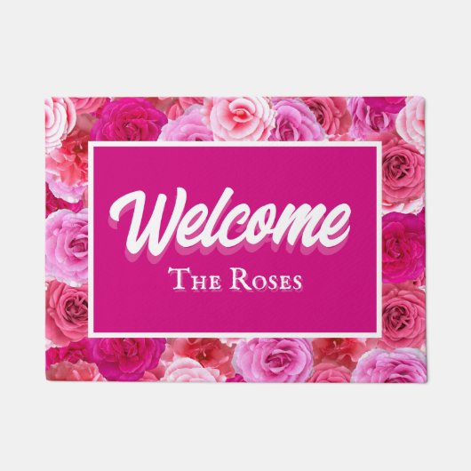 Roze bloemige gepersonaliseerde entree welkom deurmat (Voorkant)