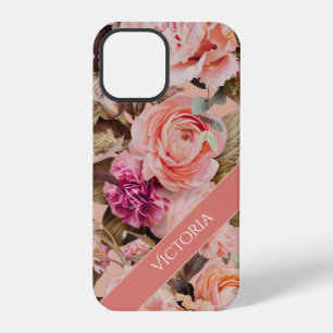 Roze bloemige gepersonaliseerde naam rustiek iPhone 12 pro hoesje