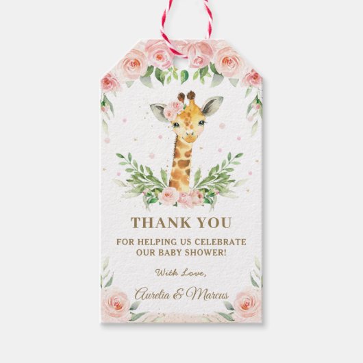 Roze Bloemige Giraffe Jungle Dieren Baby Shower Cadeaulabel (Voorkant)