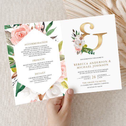 Roze Bloemige Gouden Ampersand QR Code Bruiloft