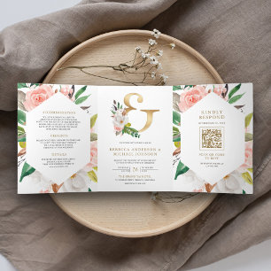 Roze Bloemige Gouden Ampersand QR Code Bruiloft Drieluik Uitnodiging