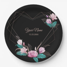 Roze Bloemige Gouden Geometrische Elegante Zwarte Papieren Bordje