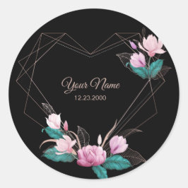 Roze Bloemige Gouden Geometrische Elegante Zwarte Ronde Sticker