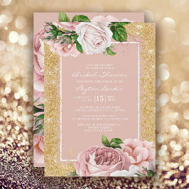 Roze Bloemige Gouden Glitter Bruidsdouche uit het  Kaart