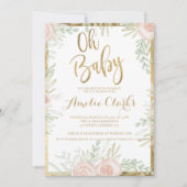 Roze bloemige gouden rand chique wit Baby shower Kaart (Voorkant)