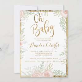 Roze bloemige gouden rand chique wit Baby shower Kaart