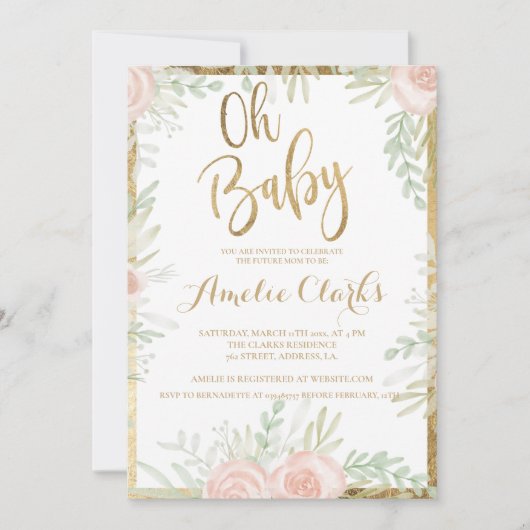 Roze bloemige gouden rand chique wit Baby shower Kaart (Voorkant)