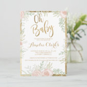 Roze bloemige gouden rand chique wit Baby shower Kaart (Staand voorkant)