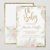 Roze bloemige gouden rand chique wit Baby shower Kaart (Voorkant / Achterkant)