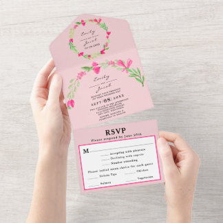 Roze bloemige groen licht roze chic trouw-RSVP All In One Uitnodiging