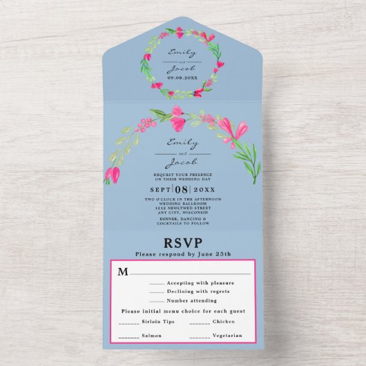 Roze bloemige groen lichtblauw elegante trouw-RSVP All In One Uitnodiging (Binnen)