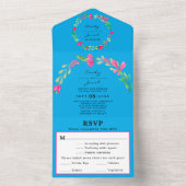 Roze bloemige groenbladeren lichtblauwe elegante t all in one uitnodiging (Binnen)