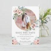 Roze Bloemige Groene Foto Save the Date Kaart (Staand voorkant)