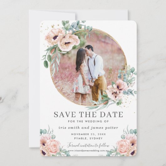 Roze Bloemige Groene Foto Save the Date Kaart (Voorkant)