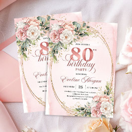 Roze Bloemige Groene Goud Glitter 80ste Verjaardag Kaart