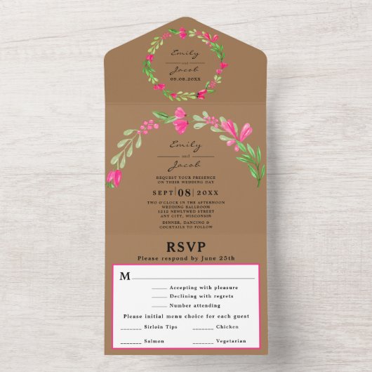 Roze Bloemige Groene Lichtbruine Chic Trouw RSVP All In One Uitnodiging (Binnen)