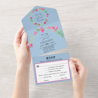 Roze Bloemige Groene Lichte Blauwe Elegante Trouw All In One Uitnodiging