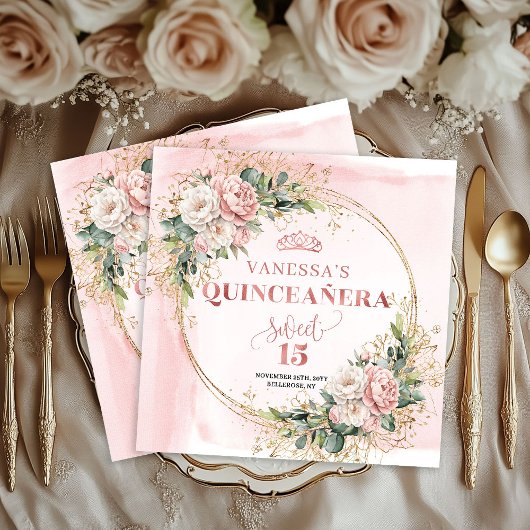 Roze bloemige groene Sweet 15 servetten