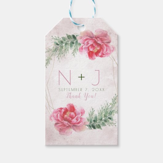 Roze Bloemige Groene Waterverf Bruiloft Cadeaulabel (Voorkant)