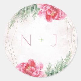 Roze Bloemige Groene Waterverf Trouw Ronde Sticker