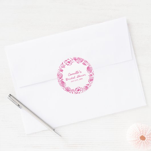 Roze Bloemige Handgetekend Ronde Sticker (Envelop)