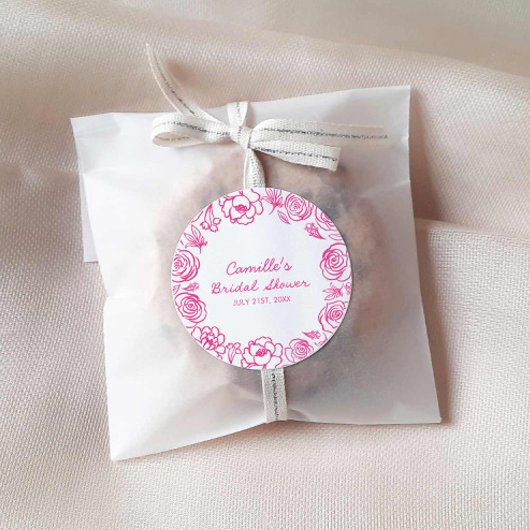 Roze bloemige handgetekende ronde sticker