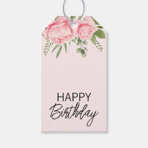 Roze bloemige Happy Birthday waterverf Cadeaulabel