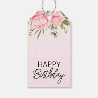 Roze bloemige Happy Birthday waterverf Cadeaulabel