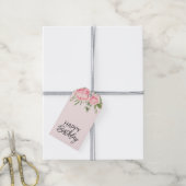 Roze bloemige Happy Birthday waterverf Cadeaulabel (Met Touw)