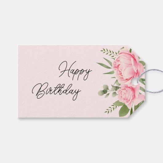 Roze bloemige Happy Birthday waterverf Cadeaulabel (Voorkant (Horizontaal))