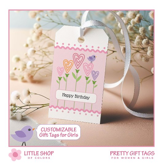 Roze Bloemige Hartjes Verjaardag Cadeaulabel