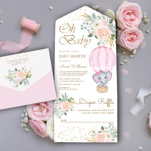 Roze Bloemige Heet Luchtballon Olifant Baby Shower All In One Uitnodiging
