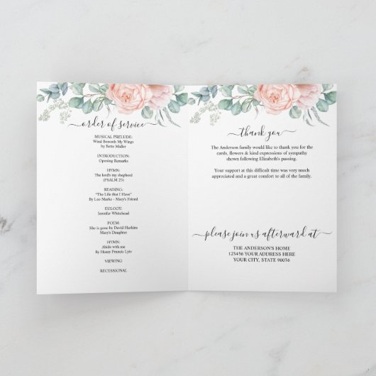Roze Bloemige Herdenkings Uitvaartprogramma Kaart (Binnen)