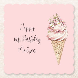 Roze bloemige Here's the Scoop ijs verjaardag Kartonnen Onderzetters