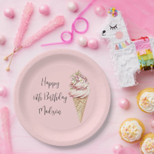 Roze bloemige Here's the Scoop ijs verjaardag Papieren Bordje